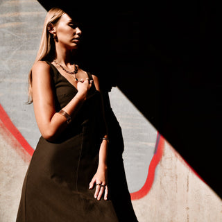 "Model wearing the Charlotte Bracelet, highlighting its elegant sterling silver design that adds a touch of sophistication to any outfit."