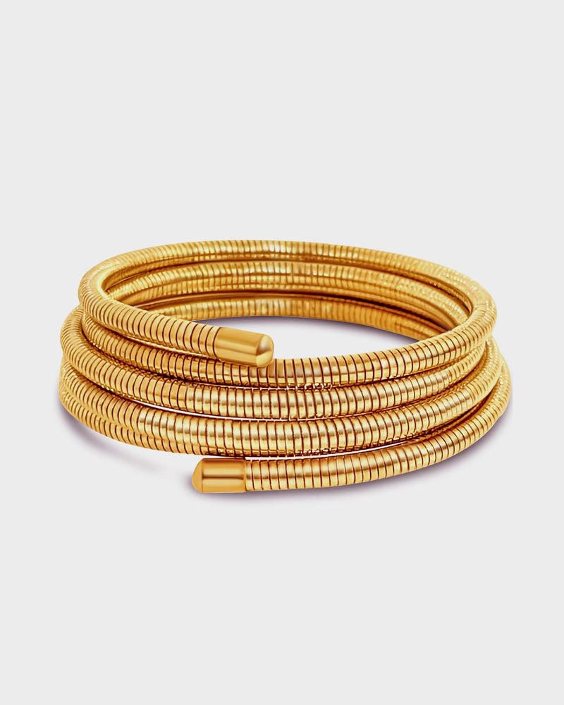 Gold flexible snake bangle bracelets.