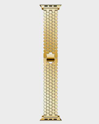 Gold watch strap with a textured pattern on a white background