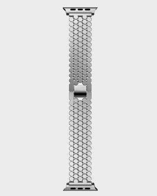 Silver watch strap with a braided design on a white background