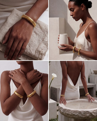 Collage of a woman wearing gold bracelets in various settings.
