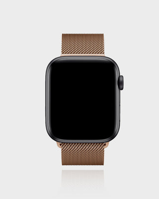 Smartwatch with a brown mesh band on a light gray background