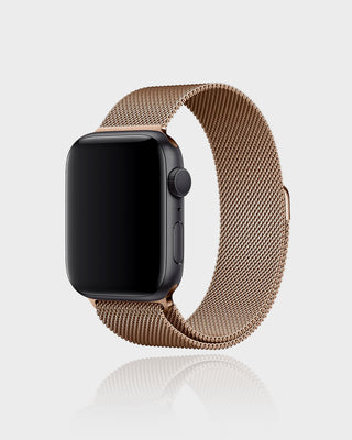Smartwatch with a beige Milanese loop band on a light gray background
