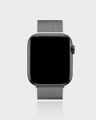 Smartwatch with a metal mesh strap on a light gray background