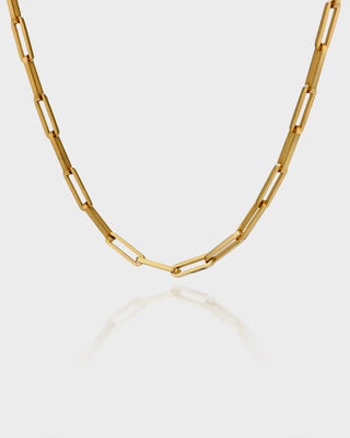 Gold chain necklace on a light gray background