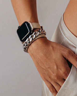Apple Watch Band – Beige Leather & Stainless Steel – Chain Hybrid Design | Imperial Band