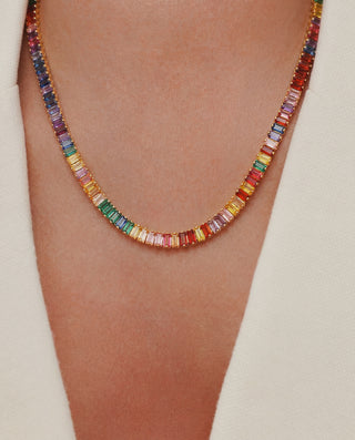 Queen and Co. Tennis Necklace – Multi Colour Zirconia, 18K Gold Plated Statement Necklace
