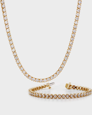 Queen and Co. Tennis Set – 18K Gold Plated Tennis Bracelet & Necklace Set, Pavé Zirconia