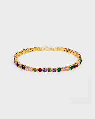 Gold bracelet with colorful gemstones on a white background