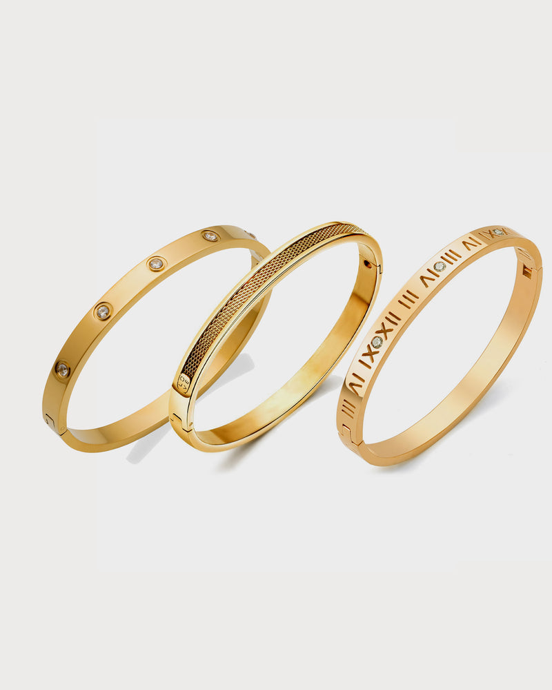 "Soho Trio Set – Premium Triple Gold Plated bracelet set featuring the Magnum, Soho, and Monet bracelets. Luxurious gold jewelry set, hypoallergenic, tarnish-resistant, and water-resistant."